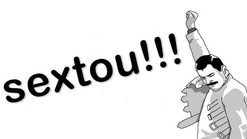 A black and white illustration of Freddie Mercury in a celebratory pose with 'sextou!!!!!' text overlay.