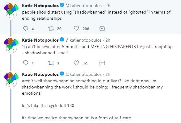 Shadow Banning Shadowban — A screenshot of three humorous tweets applying 'shadowbanned' to interpersonal relationships, concluding that shadowbanning is