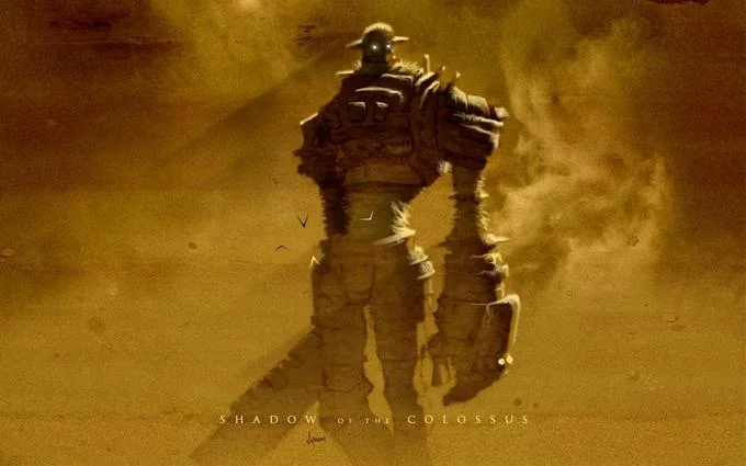 Sepia-toned fan art of a colossus with Shadow of the Colossus title text