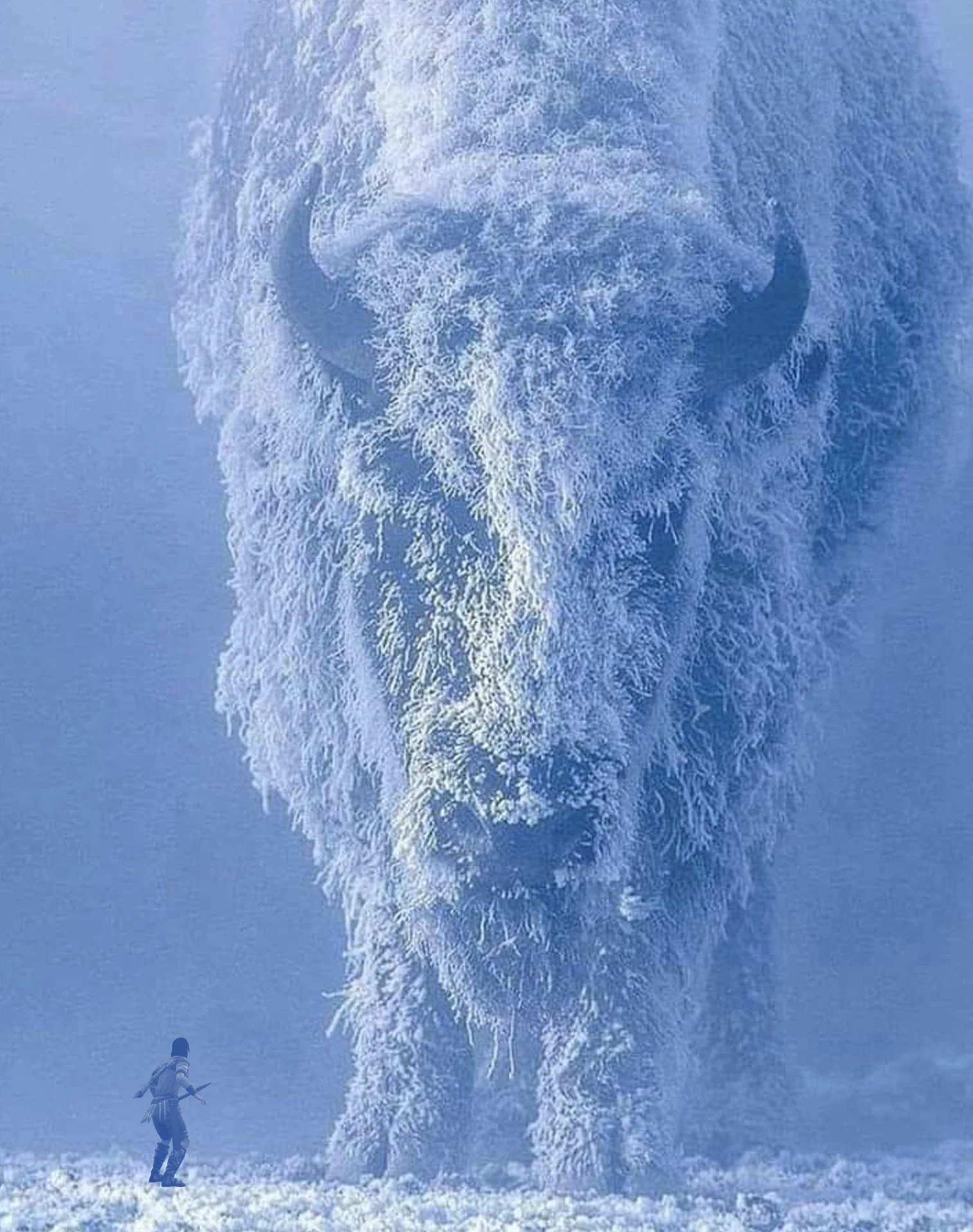 Wander standing before a massive frost-covered bison in a Shadow of the Colossus style photo edit