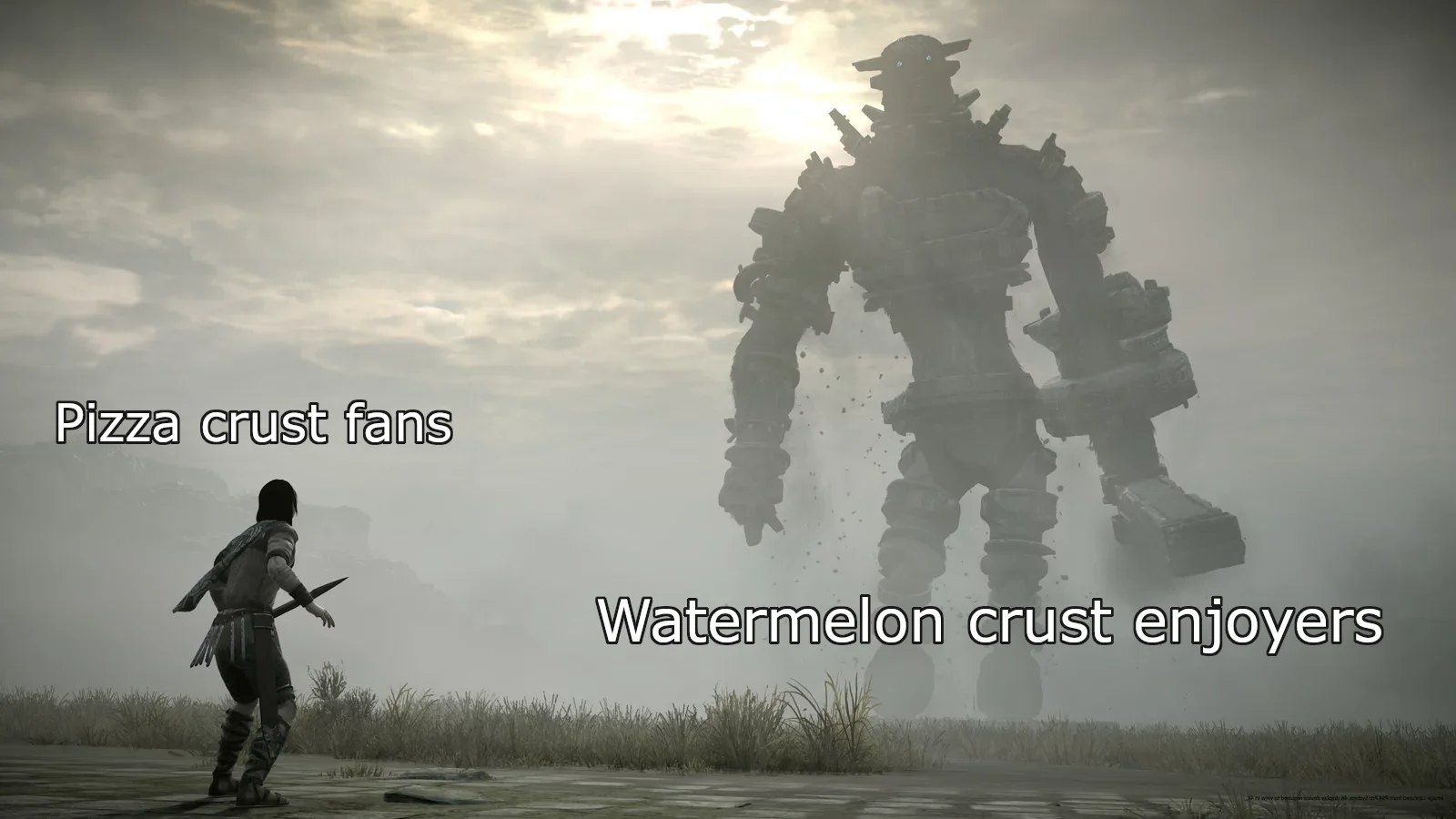 Shadow of the Colossus meme labeling Wander as pizza crust fans and the colossus as watermelon crust enjoyers