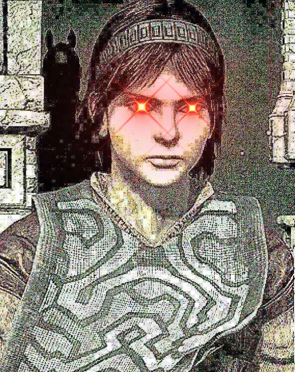 Shadow of the Colossus — Deep-fried meme of Wander with glowing red laser eyes