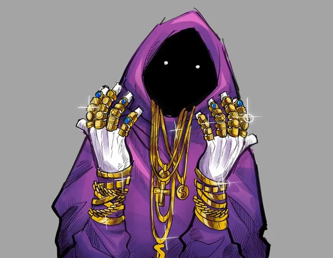 Shadow Wizard Money Gang — Detailed fan art of the purple shadow wizard flashing both hands covered in gold rings and chains.