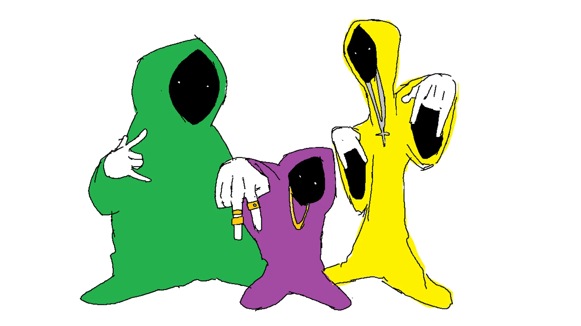 Shadow Wizard Money Gang — Three cartoon hooded wizards in green, purple, and yellow robes wearing gold chains and rings.