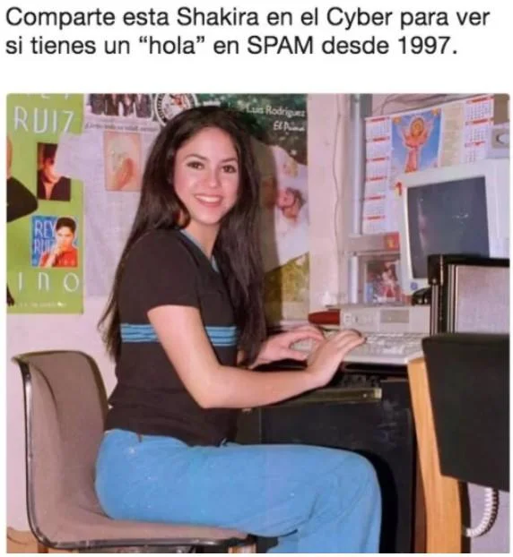 Shakira On The Computer — Shakira at computer meme with Spanish caption about SPAM since 1997
