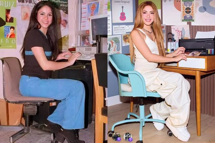 Shakira On The Computer — Side-by-side of young Shakira and adult Shakira recreating the computer photo