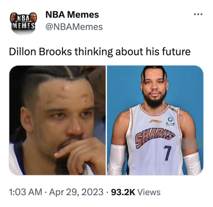 NBA Memes tweet showing Dillon Brooks in a Shanghai Sharks jersey mockup captioned 'thinking about his future'.