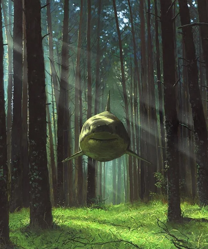 Shark In The Woods — Smiling great white shark hovering in a sunlit forest clearing between tall trees