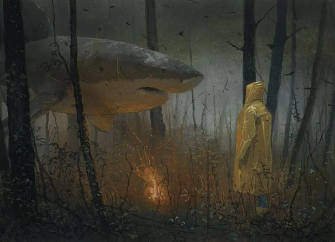 Shark In The Woods — Giant shark hovering over a person in a yellow raincoat beside a fire in a dark forest