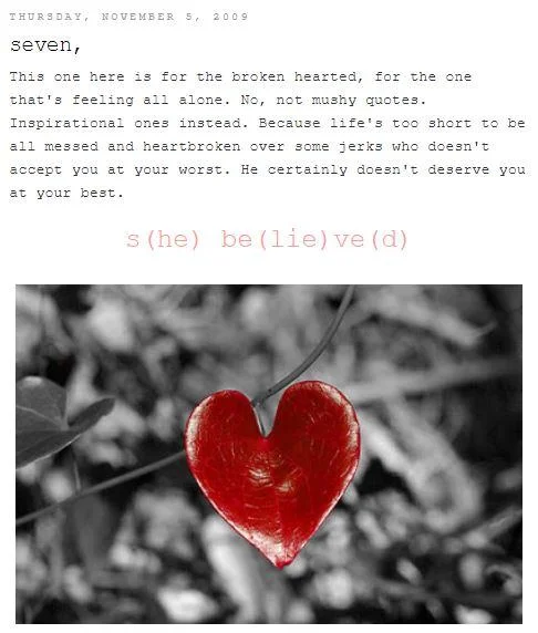 She Believed Sbeve — Blog post from November 2009 with s(he) be(lie)ve(d) phrase and red heart leaf image