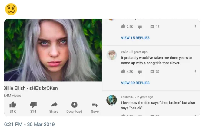 She Believed Sbeve — Billie Eilish sHE's brOKen YouTube comments screenshot