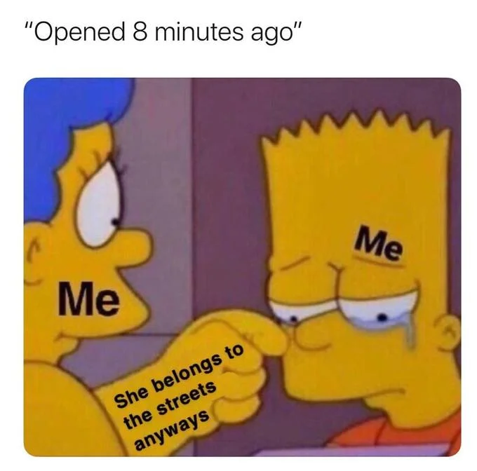 Simpsons meme of Marge slapping a crying Bart, both labeled 'Me', with the phrase 'She belongs to the streets anyways'.