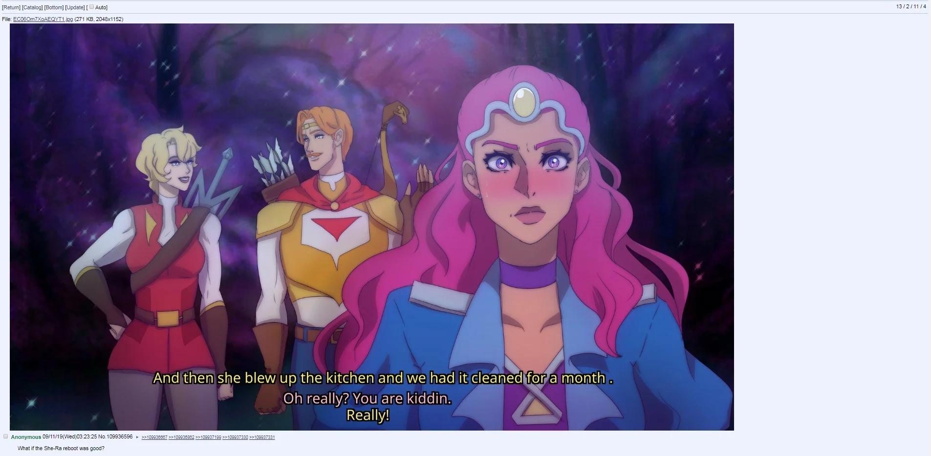 She-Ra Reboot Controversy — 4chan thread showing anime-style fan reimagining of She-Ra characters with subtitle dialogue