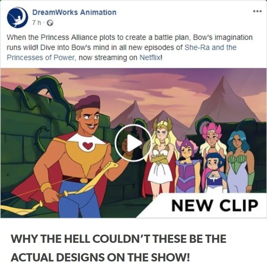 She-Ra Reboot Controversy — DreamWorks Facebook post with She-Ra characters and caption complaining about the actual show designs
