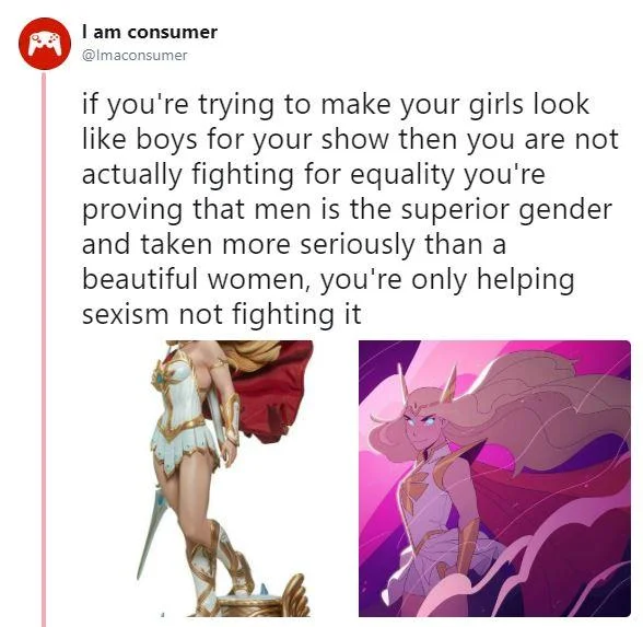 She-Ra Reboot Controversy — Tweet from user 'I am consumer' criticizing the She-Ra reboot design compared to the original