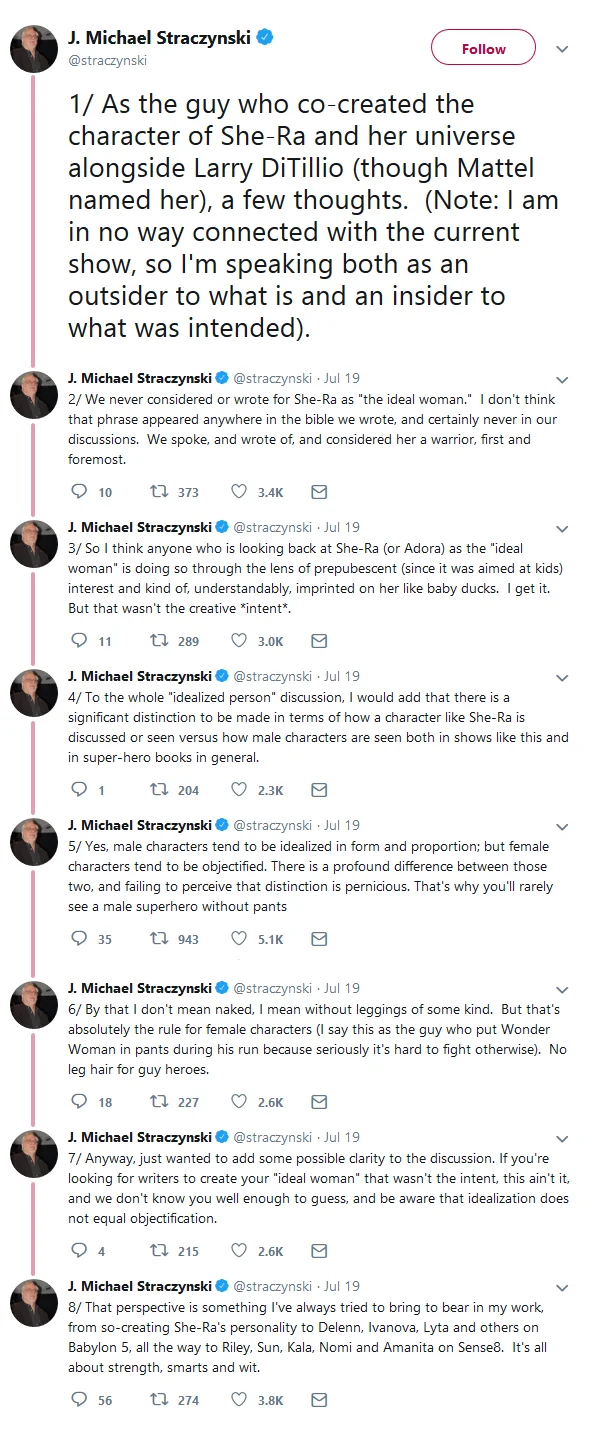 She-Ra Reboot Controversy — J. Michael Straczynski Twitter thread discussing She-Ra character design and objectification