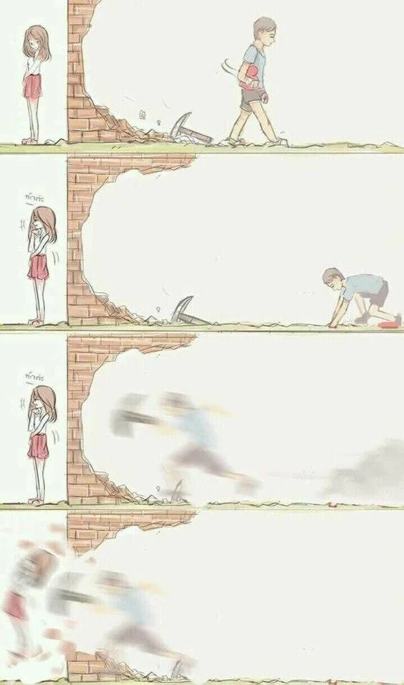 She Was Close to Giving Up — Four-panel comic showing a girl behind a broken wall while a blurred figure comes charging in to attack through the opening.