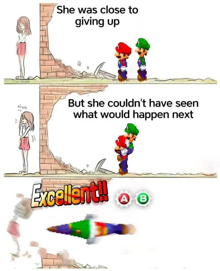 She Was Close to Giving Up — Meme template with Mario and Luigi inserted and a Super Smash Bros. 'Excellent!!' screen as the final panel.