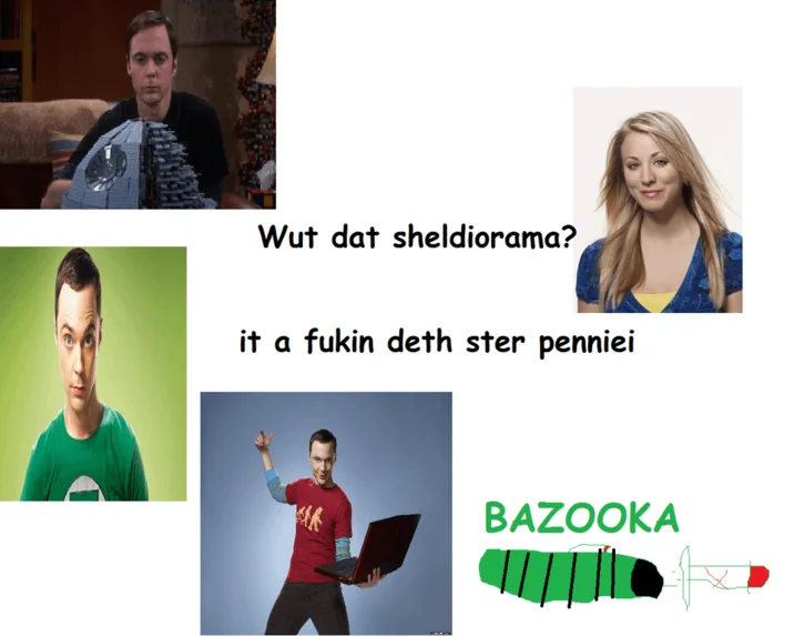 Sheldon Holding a Laptop — Meme collage with Sheldon holding a Lego Death Star and the Sheldon-with-laptop pose, with misspelled dialogue