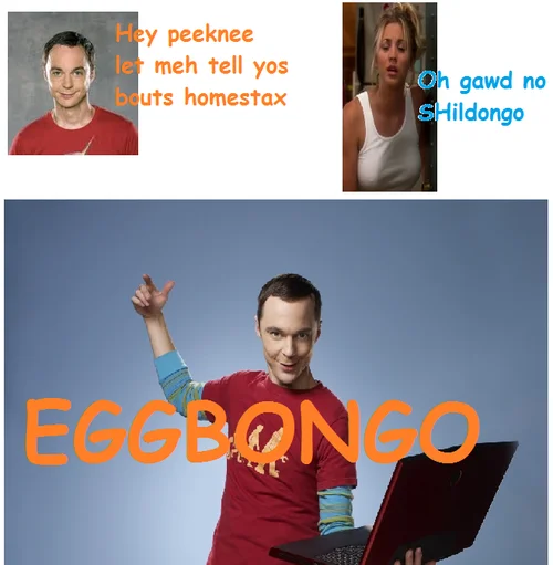 Sheldon Holding a Laptop — Meme featuring Sheldon with laptop and the word EGGBONGO in large orange text