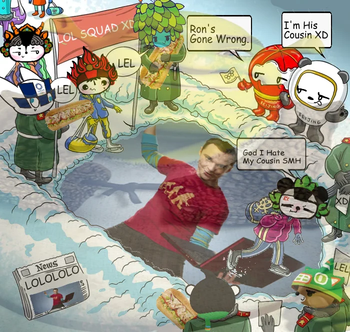 Sheldon Holding a Laptop — Surreal meme compositing Sheldon with laptop into a scene with Olympics mascots and absurd dialogue