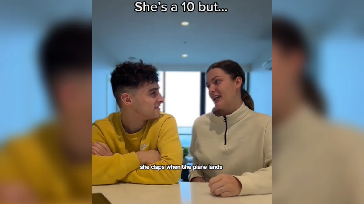 Shes A 10 But Hes A 10 But — TikTok screenshot of a couple with the text 'She's a 10 but... she claps when the plane lands' overlaid.