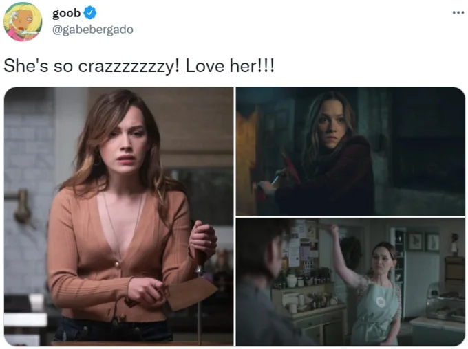 Shes So Crazzzzzzzy Love Her — Tweet with three screenshots of a woman holding a knife captioned She's so crazzzzzzy Love her