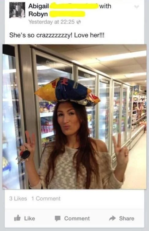 Shes So Crazzzzzzzy Love Her — Facebook post screenshot with the original chip bag on head photo and caption She's so crazzzzzzy Love her