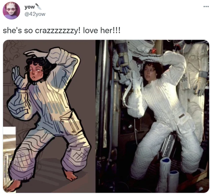 Shes So Crazzzzzzzy Love Her — Tweet pairing an Ellen Ripley illustration with an Alien movie still under the crazzzzzzy caption