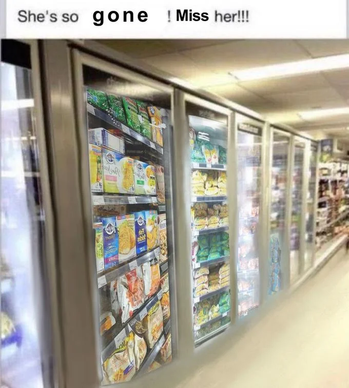 Shes So Crazzzzzzzy Love Her — Empty supermarket freezer aisle with caption She's so gone Miss her, meme variation with the woman removed