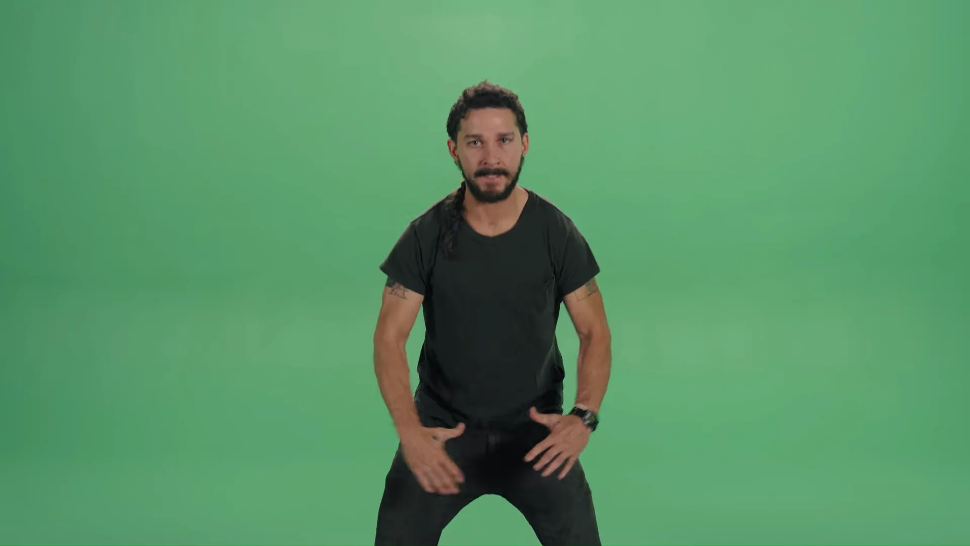 Shia LaBeouf's Intense Motivational Speech — Shia LaBeouf in a wide power stance against a green screen wearing a black t-shirt