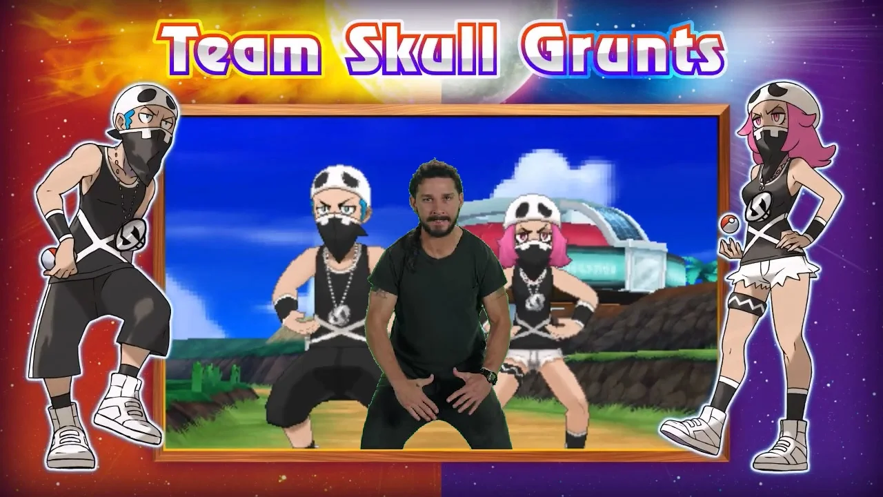 Shia LaBeouf's Intense Motivational Speech — Pokemon Team Skull Grunts poster with Shia LaBeouf just do it pose
