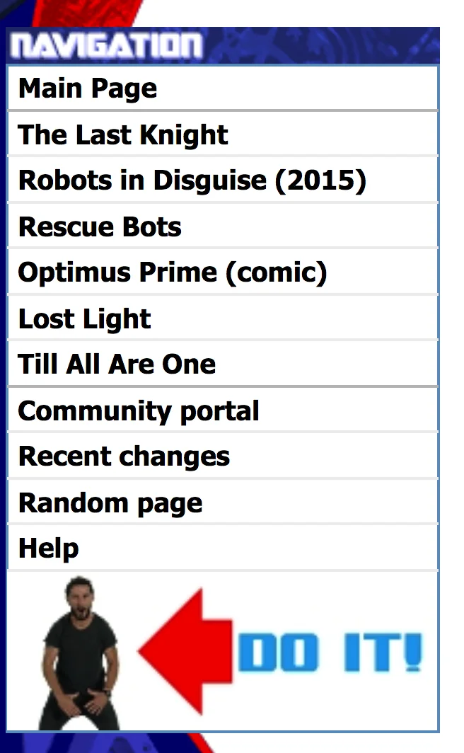 Shia LaBeouf's Intense Motivational Speech — Transformers wiki navigation sidebar with Shia LaBeouf Do It button