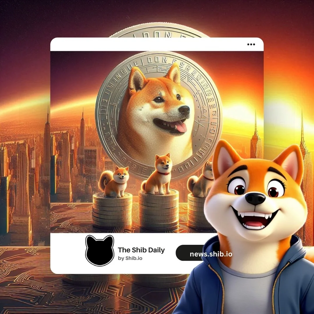 Shiba Inu (SHIB) — A crypto-themed illustration of Shiba Inu integrated into coin design with blockchain cityscape imagery and character variations.