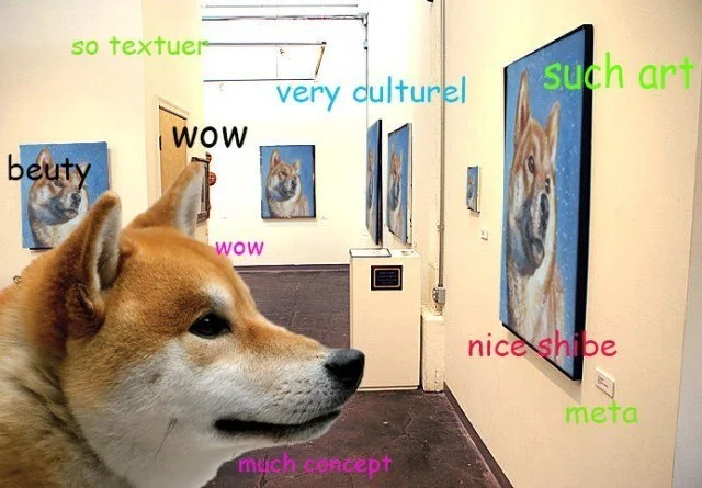 Shiba Inu (SHIB) — The canonical Doge meme with Shiba Inu in art gallery surrounded by framed pictures, scattered Doge-speak text labels throughout.