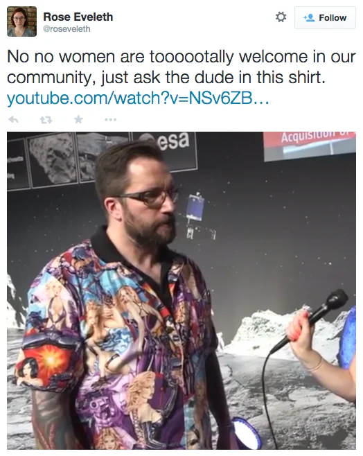 Shirtstorm — Tweet from Elly PriZeMaN saying she made the shirt as a birthday gift for Matt Taylor and did not expect the backlash