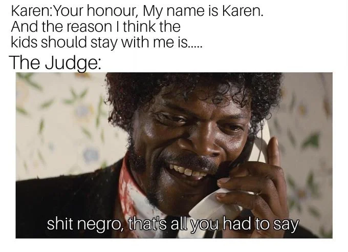 Meme depicting a judge dismissing 'Karen' in a custody case using the Jules Winnfield phone image with the caption 'shit negro, that's all you had to say.'