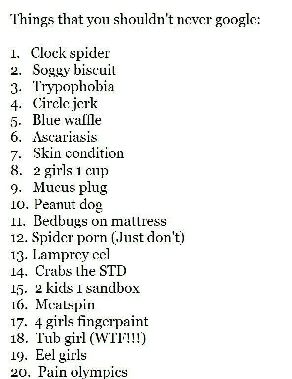 Shock Sites — Text list of twenty shock-content search terms not to Google, including Blue waffle and Meatspin.