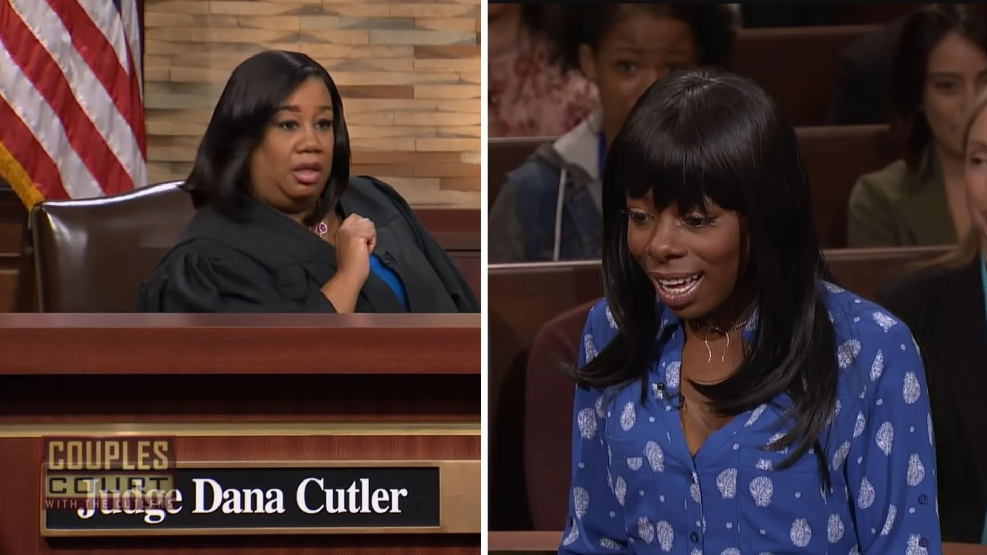 Shocked Judge Dana Cutler — Split image of Judge Dana Cutler reacting with shock next to a surprised woman in a blue blouse on Couples Court.