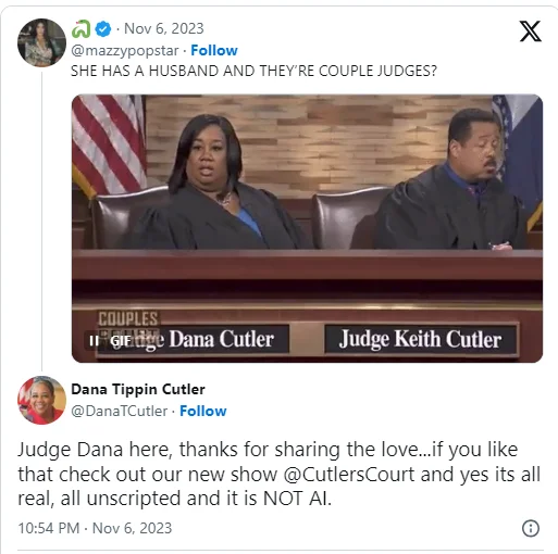 Shocked Judge Dana Cutler — Twitter screenshot of a post about Judges Dana and Keith Cutler with Judge Dana's reply confirming the show is real.