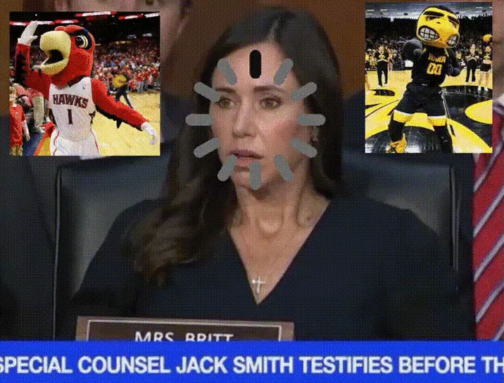 Shocked Katie Britt — Animated meme of Katie Britt with mind-blown radiating lines on her forehead and dancing Hawks mascots in the corners.