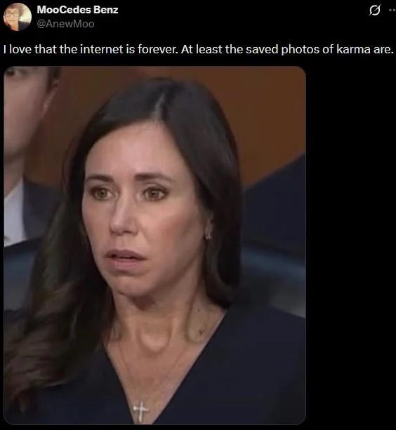 Tweet by MooCedes Benz about karma and the internet, showing the shocked Katie Britt hearing screenshot.