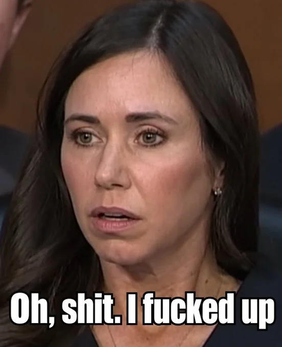 Shocked Katie Britt — Katie Britt shocked-face meme captioned 'Oh, shit. I fucked up.' in bold white text.