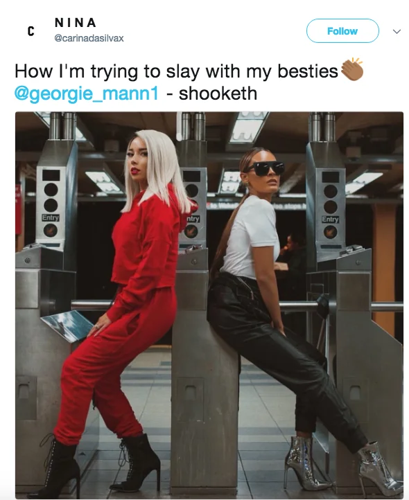 Tweet 'trying to slay with my besties - shooketh' with high-quality photo of two women in a subway