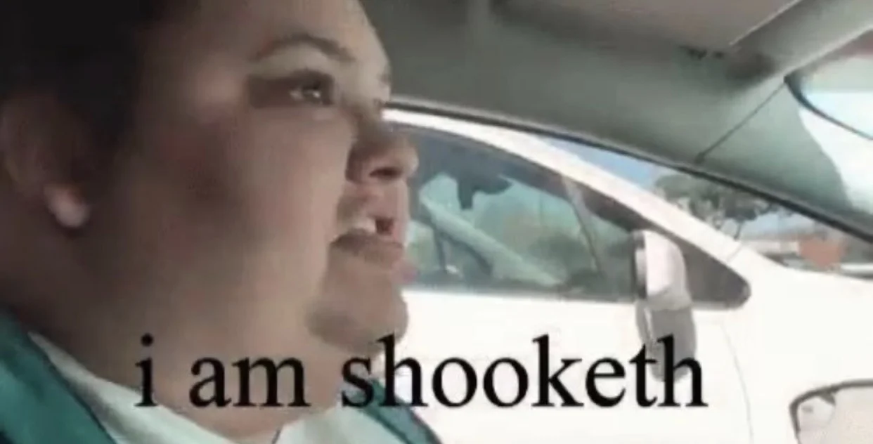 Woman in car with 'i am shooketh' caption