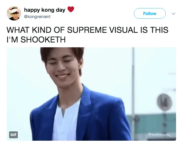 Tweet exclaiming 'I'm shooketh' about a K-pop idol GIF