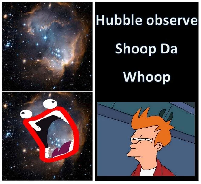 A collage-format meme featuring Shoop Da Whoop in various contexts including Hubble space imagery and Futurama characters.