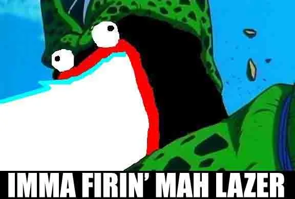 The iconic Shoop Da Whoop character from Dragon Ball Z with large white eyes, red mouth, and blue energy beam with canonical 'IMMA FIRIN' MAH LAZER' text.
