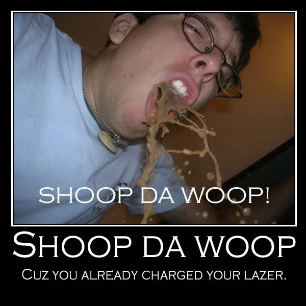 A person wearing glasses holding spaghetti with Shoop Da Whoop meme text overlay applying the 'I'M A FIRIN' MAH LAZER' catchphrase.