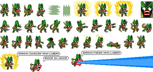 A sprite sheet featuring Shoop Da Whoop character in numerous animation frames and poses showing different charging and firing states.